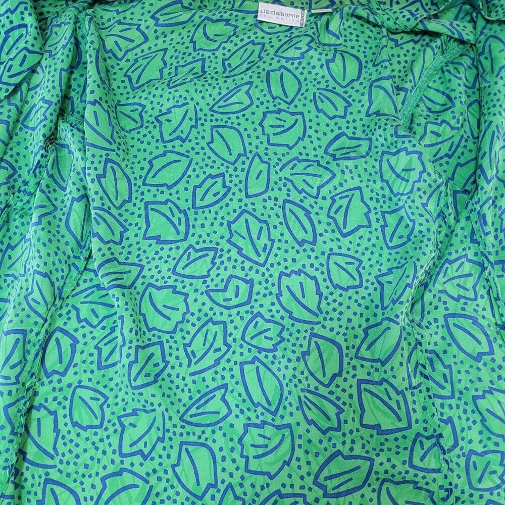 VTG Liz Claiborne Green 100% Silk Leaf Print Unlined Lightweight Jacket Size MP - Picture 6 of 13